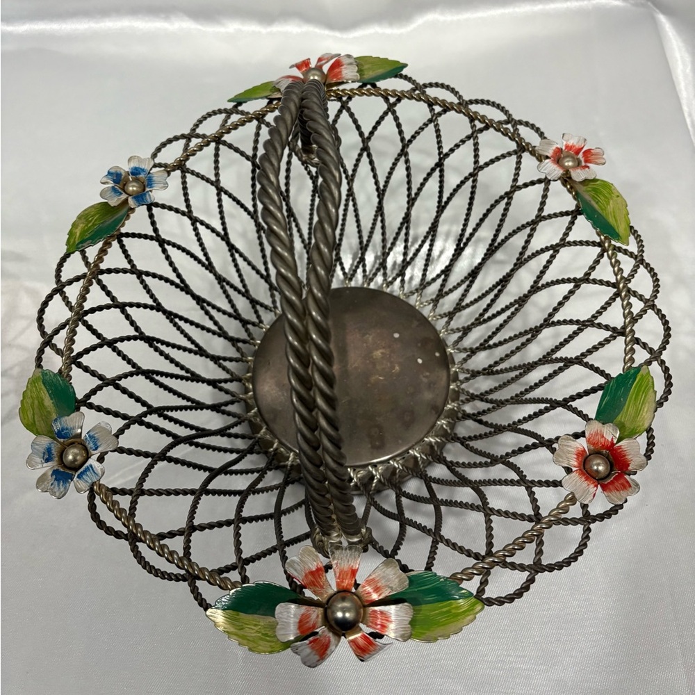 Decorative large twisted Wire Basket with metal Floral Accents